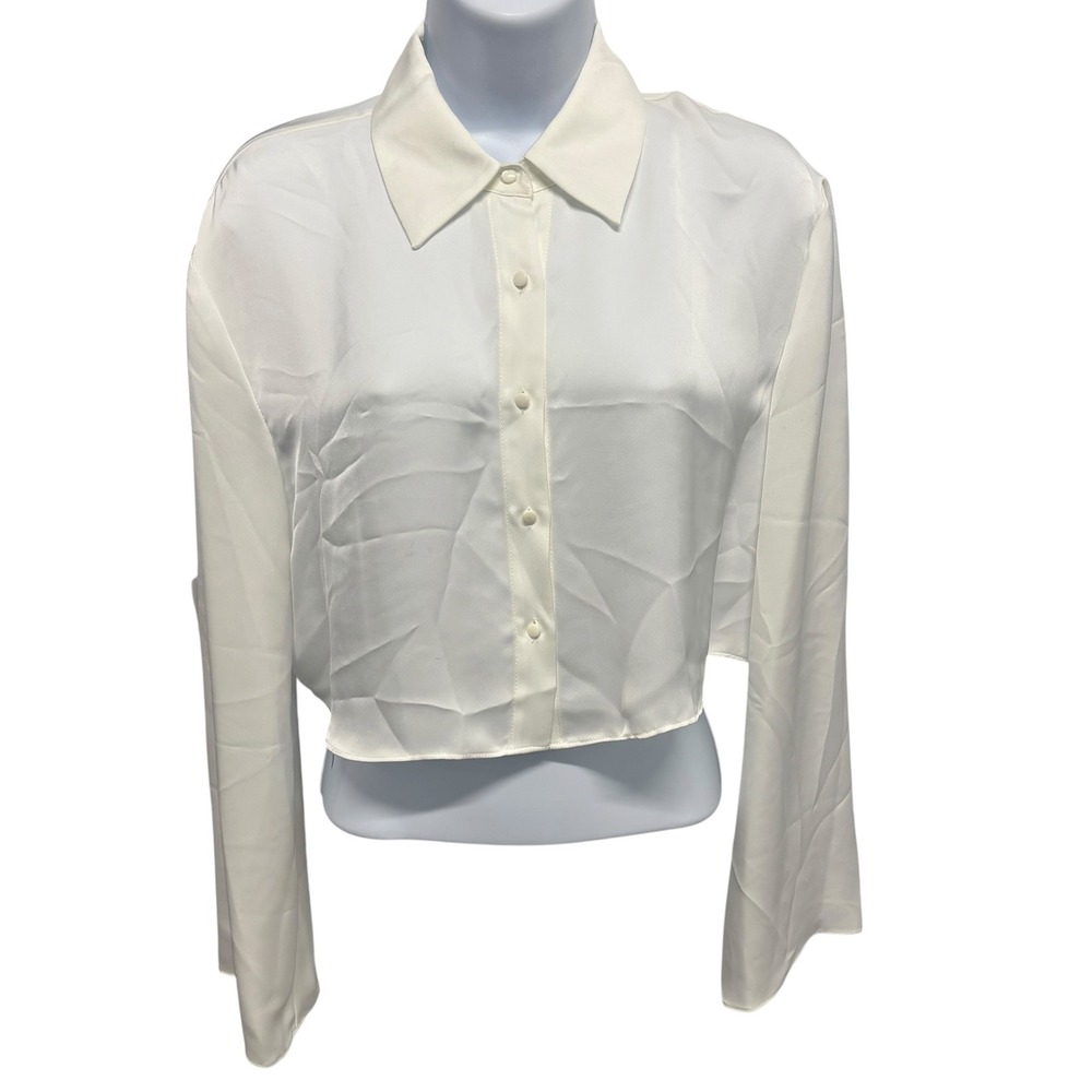 Ramy Brook Ivory White Satin Cropped Button Down Blouse Long Sleeve Small